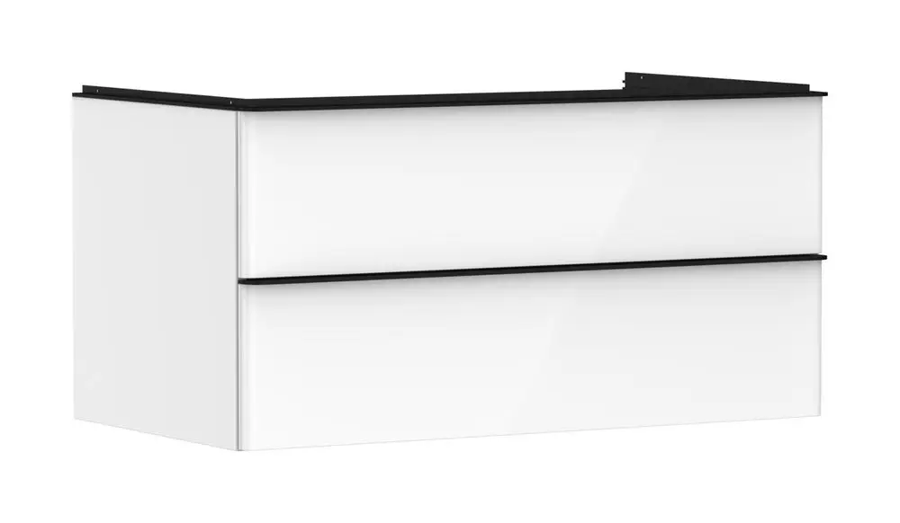 Weißer Waschtischunterschrank mit zwei Schubkästen und schwarzer Abdeckung, von Hansgrohe, geeignet für Konsolenwaschtische.
